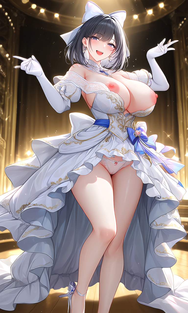 黒髪のアイドルが青いリボンを添えた白い衣装で、両手を上げてステージでダンスする