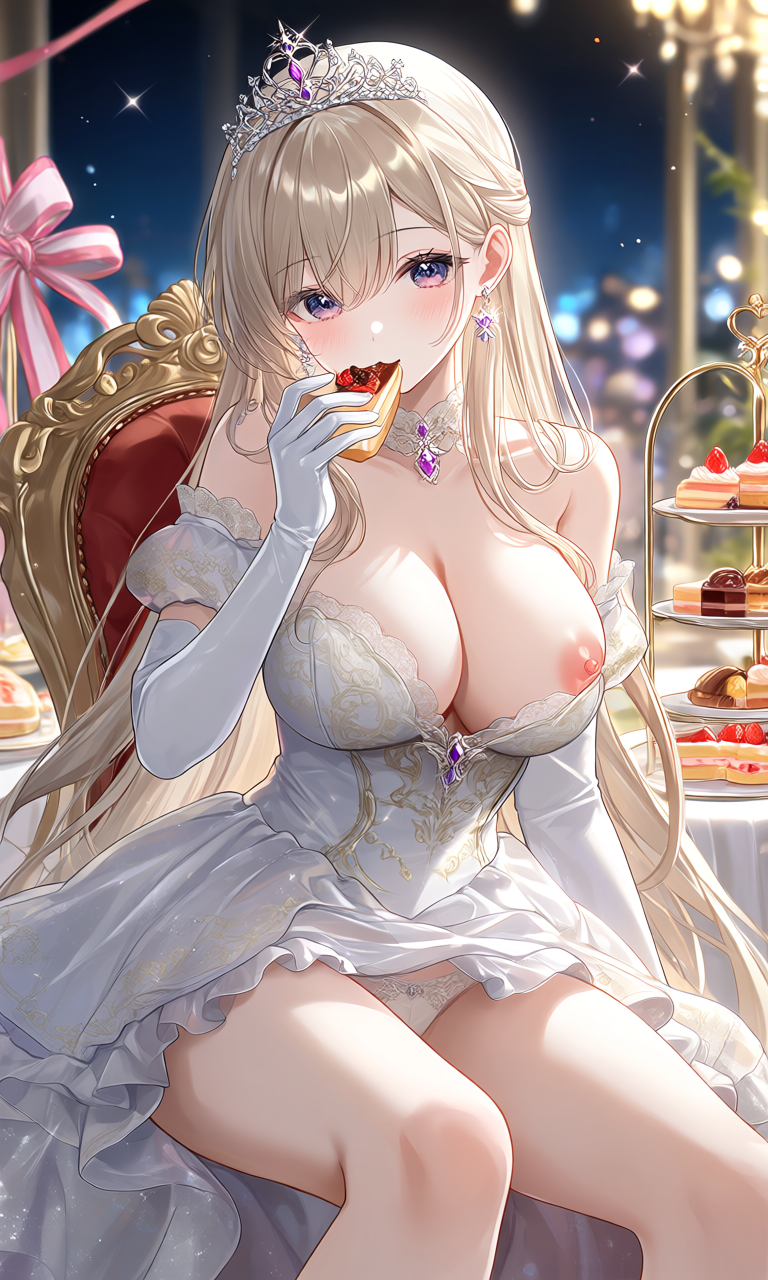 金髪のプリンセスがティアラを輝かせ、甘いスイーツを楽しむ夜のティーパーティー