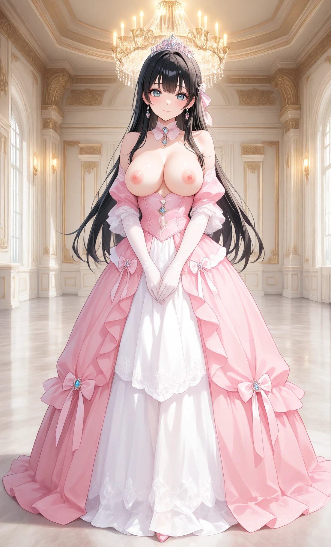 ピンクと白のプリンセスドレスに青い宝石のリボンが施されたキャラクター