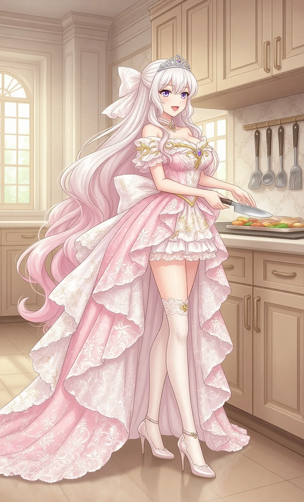 ピンクのウェディングドレスで料理するプリンセス（2枚目）