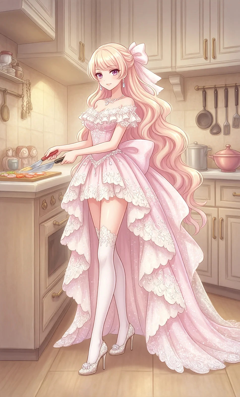 ピンクのウェディングドレスで料理するプリンセス（3枚目）